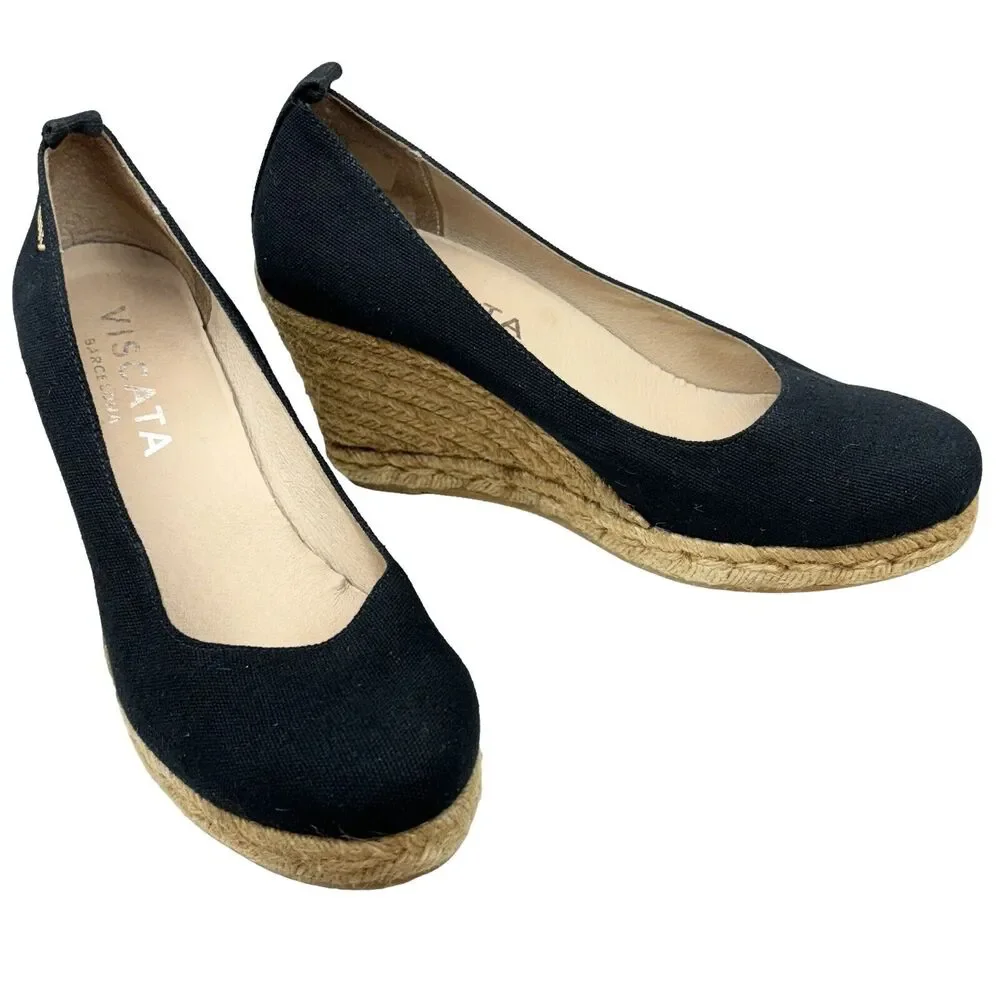 Viscata Barcelona Wedge Womens 10 US 41 EU Roses Black‎ Canvas Espadrilles Shoes